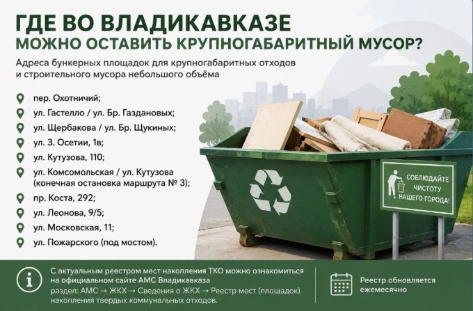 Где во Владикавказе можно оставить крупногабаритный мусор?