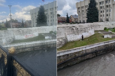 Коммунальщики закрасили надписи на подпорной стене у Чугунного моста